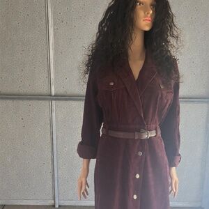 Burgundy Corduroy Shirt Dress with Belt